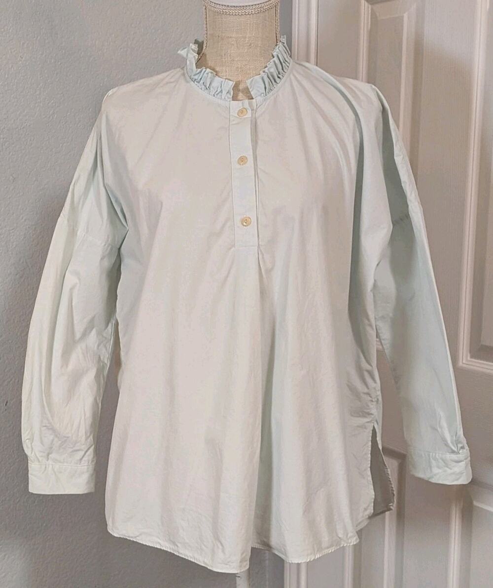 Fabiana Pigna Women's Blouse Ruffle Neck Popover Poplin Light Blue Sz Small